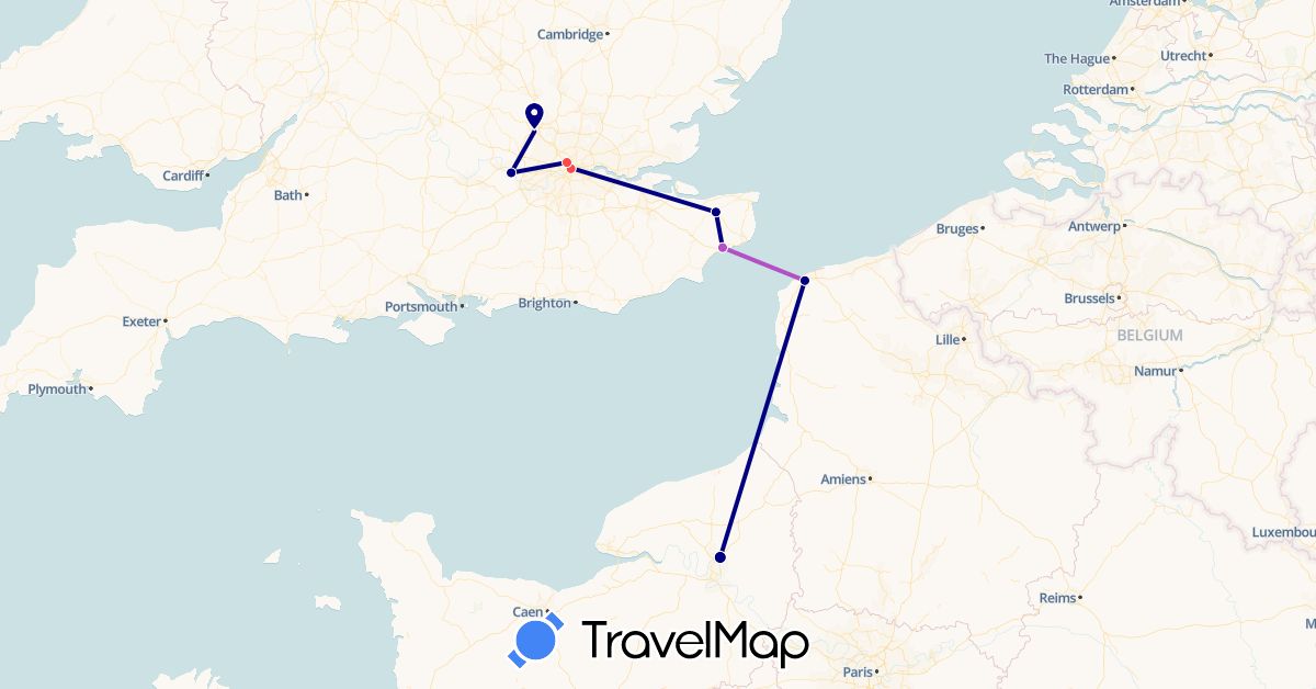 TravelMap itinerary: driving, train, hiking in France, United Kingdom (Europe)